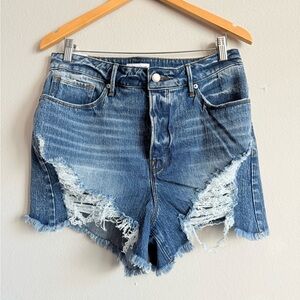 Good American Distressed Button Fly Blue Jean Shorts